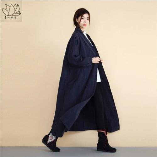 2017 female new spring and autumn national trend fluid hemp long trench design plate buttons mantissas fluid long outerwear