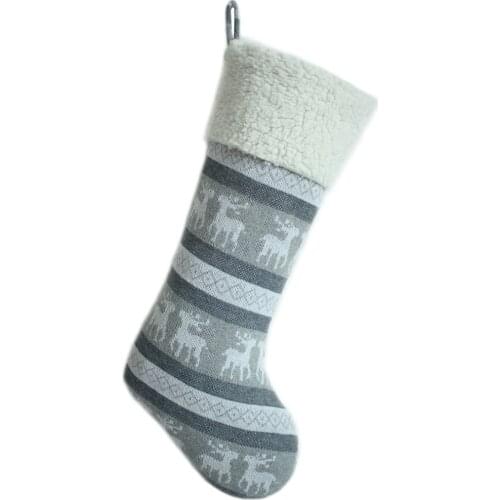 Knitted reindeer body with ivory sherpa cuff Christmas stocking 10"x19", silver grey