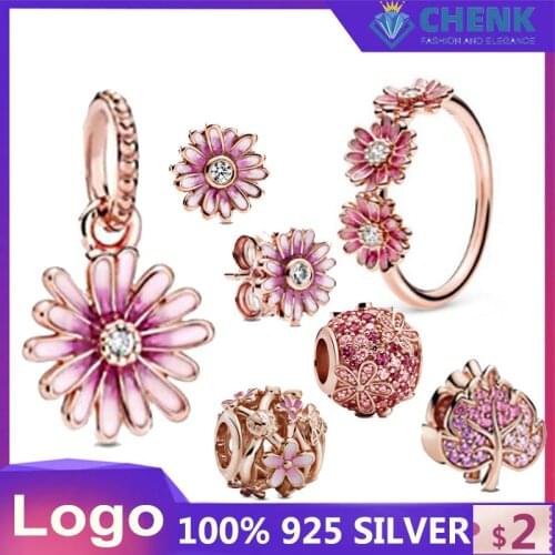 Spring 2021Rose Pink Daisy Flower Trio 925 Sterling Silver High Quality Jewelry Accessories China Factory Wholesale Original