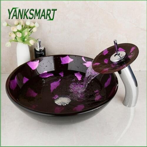 YANKSMART Bathroom Tempered Glass Hand-Pain Art Basin Lavatory Sink Combo Kit Waterfall Mixer Water Tap With Chrome Pop Up Drain
