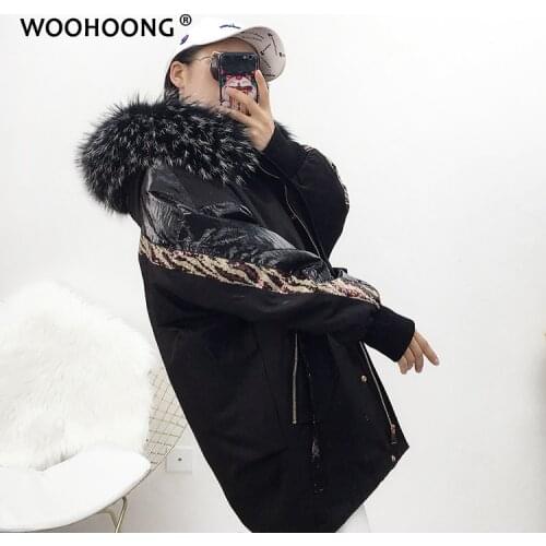 WOOHOONG New Winter Real Fur Parka Coat Bat Sleeved Casual Fashion Woman Rex Rabbit Fur Coat Detachable Fat Loose Coat