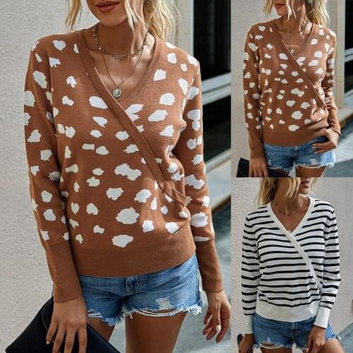 Women Autumn Long Sleeve Knitted Blouse Stripe Wrap Front Sweater Leopard Jumpers