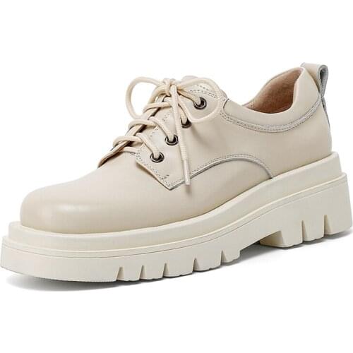 New Spring Women Platform Flat Shoes Elegant Ladies Cow Leather Casual Sneaklers Woman Black Beige Lace Up Round Toe Flats M022