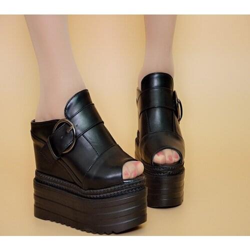 Sexy Buckle Summer Shoes Women Roman Sandals High Quality Wedges High Heels Sexy Peep Toe Platform Shoes Black White 13cm