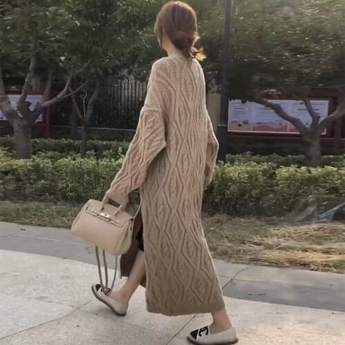 Women Winter Autumn Sweater Thicken Oversize Coat Temperament Twist Long Jacket Single Breasted V-Neck Warmth Fashion Overcoat