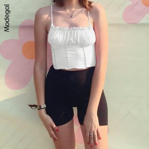 Modegal Womens Spaghetti Strap Ruched Patchwork Frill Trim Camisole Sleeveless Y2K Crop Top