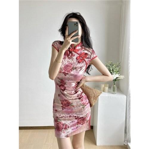 Real shot 2021 new fashion retro ladies print sexy Chinese style velvet short-sleeved improved cheongsam dress