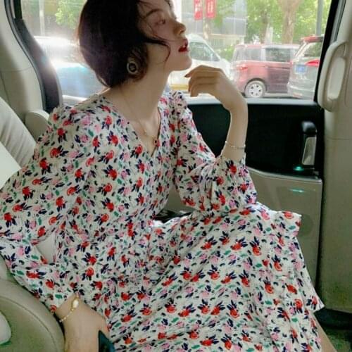 VOOCIEC Autumn Womens Clothing Floral Fairy Dress Women Elegant Print Party Midi Dress Long Sleeve Chiffon Vintage Korean Dress