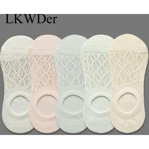LKWDer 5 Pairs Womens Fresh College Hollow Ladies Invisible Boat Socks Cotton Japanese Solid Color Large Mesh Socks Girls Meias