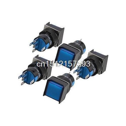 5 Pcs Blue Square Cap DC 12V Light 1P2T 5 Terminals Push Button Switch