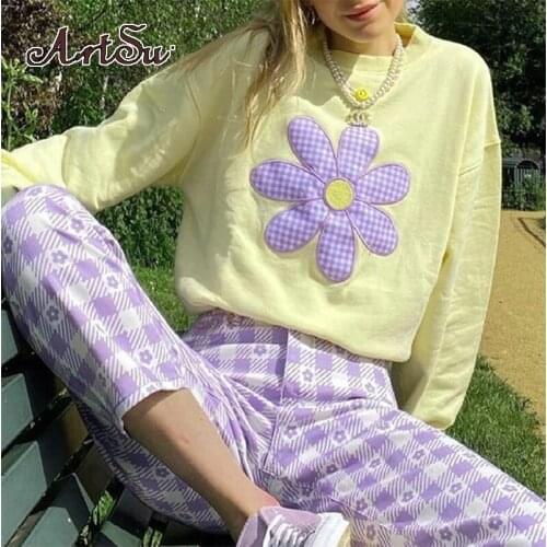 Artsu Y2k Cute Kawaii Hoodies For Women 2021 Fall Winter Female Clothing Funny Sweatshirt Casual Floral Tops Long Sleeve
