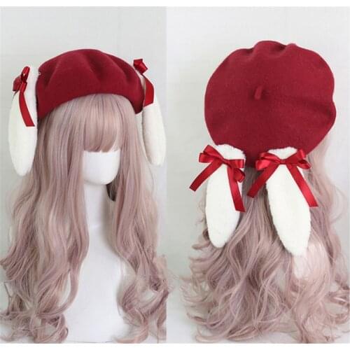 Handmade Bowknot Rabbit Ear Beret Hat Lolita Painter Flat Cap Women Autumn Winter Warm Cap B1609