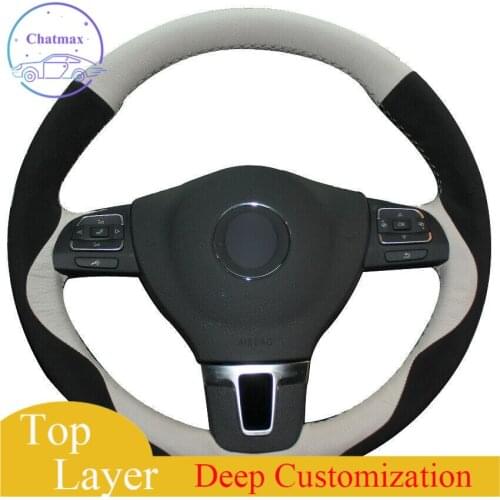 For VW Golf Tiguan White Natural Leather Black Suede Car Steering Wheel Cover anti-slip for all season comfortable touch