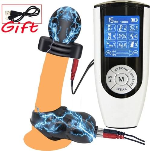 Electro Shock Glans Trainer Massage Cup Penis Stimulator Men Delay Training Masturbator Bdsm Bondage Cock Scrotum Sleeve Sex Toy