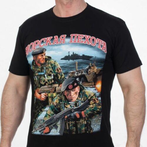 Men T-shirt military Marines in black 100% cotton.T-shirts includes front russian