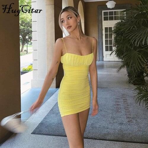 Hugcitar 2021 Solid Sleeveless Slip Ruched Sexy Mini Dress Summer Autumn Women Fashion Streetwear Outfits Party Elegant Wear