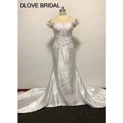 Illusion Short Sleeve Mermaid Wedding Dress Simple Sexy Satin Custom Made Bridal Gown