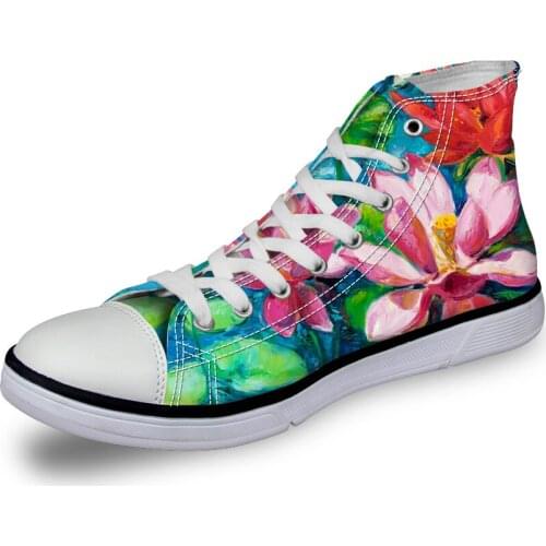 HaoYun Women Vulcanize Shoes Cartoon Flower Print Ladies High-top Canvas Shoes Girls Lace-up Flap Sneakers Shoes Sapato Feminino