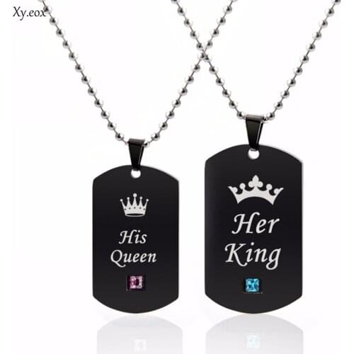 Fashion Lovers Stainless Steel His Queen Her King Couple Dog Tag Necklace