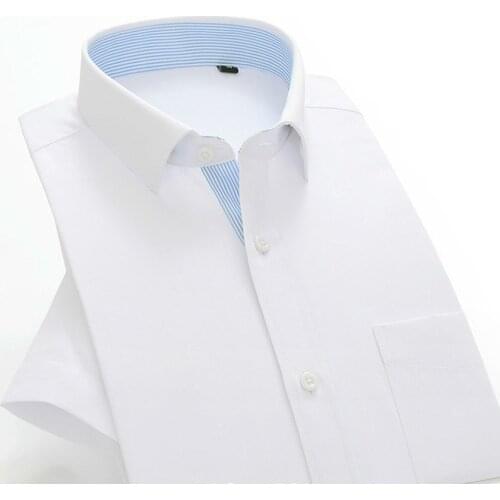 Quality Summer Business Work Office Shirt Square Collar Short Sleeved Plus Size Solid Twill Striped Formal Men Dress Shirts