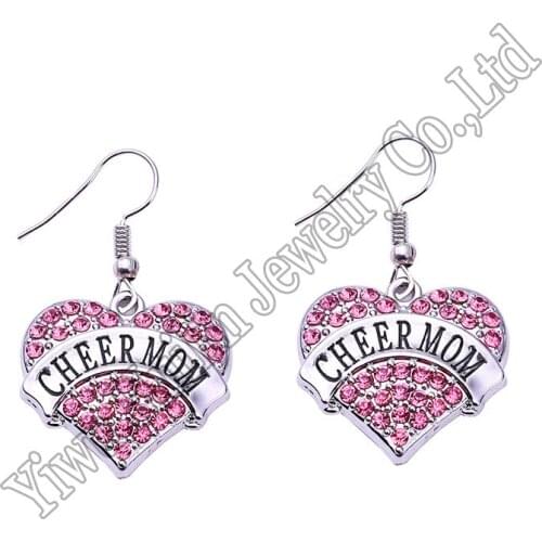 CHEER MOM Crystal Adorned Heart Shaped Pendant French Hook Earrings Commemoration Day Jewelry