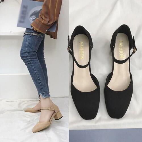 New Listing Black High Heels Suede Ankle Strap Womens Shoes Ladies Vintage Gentle Heels
