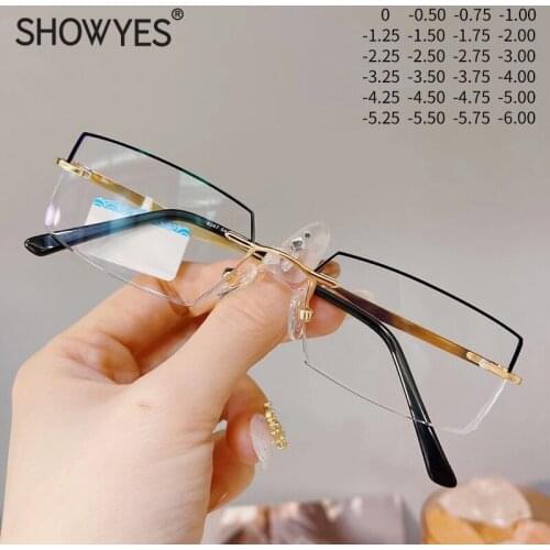 New Business Men Luxury Rimless Myopia Glasses Glod Frameless Rhinestone Diamond Cutting Alloy Bluelight Blocking Eyewear