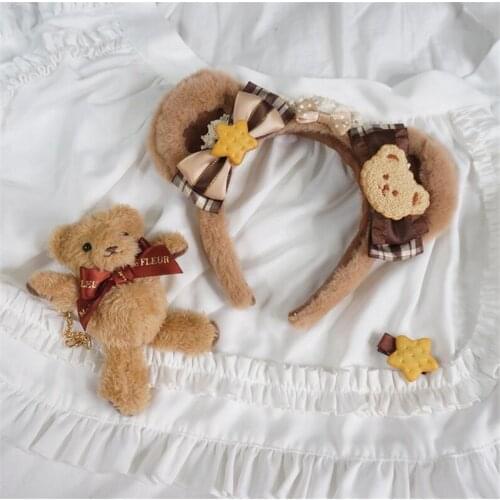 Handmade Sweet Lolita Plush Bear Ears Bow Hair Accessories Kawaii Girl Cosplay KC Headband Hair hoop D739