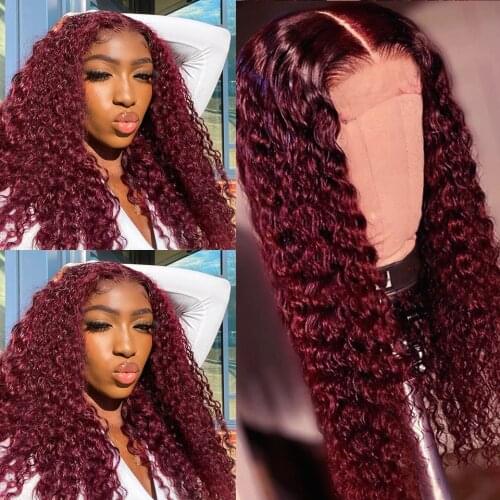 26Inch Glueless Kinky Curly 99J Lace Front Wigs Synthetic Wigs For Black Women Darker Red Daily Wig Heat Temperature 180%Density