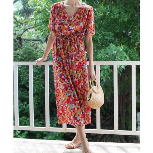 Women Dress Gorgeous and Colorful Ink Printing V-neck Drawstring Long Dress