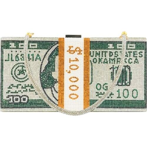 Premium Quality New Money Clutch Rhinestone Purse 10000 Dollars Stack of Cash Evening Handbags Shoulder Wedding Dinner Bag