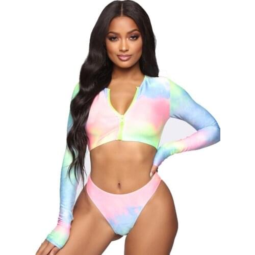 Sexy Long Sleeve Womens Swimsuit Zipper Sun Protection Swimwear Backless Bathing Suit High Waist Bikini Set Brazilian Beachwear