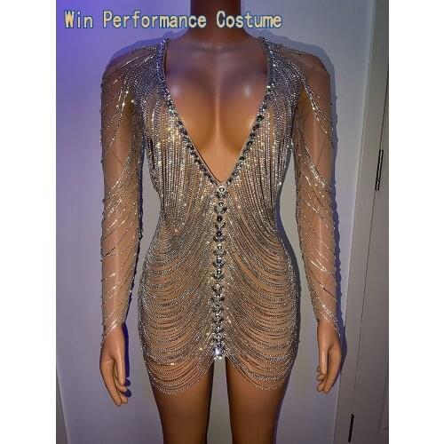 Bright Rhinestones TransparentLong Sleeves Bodysuit Sexy Stones Leggings Stage Performance Wear One Piece Costume Jumpsuit