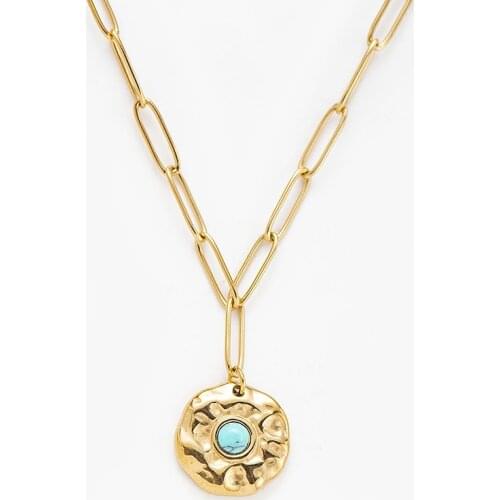 Stainless Steel Jewelry Bohemian Round Pendants With Blue Stone Necklace Punk Statement Link Chain Pendant Necklace For Women
