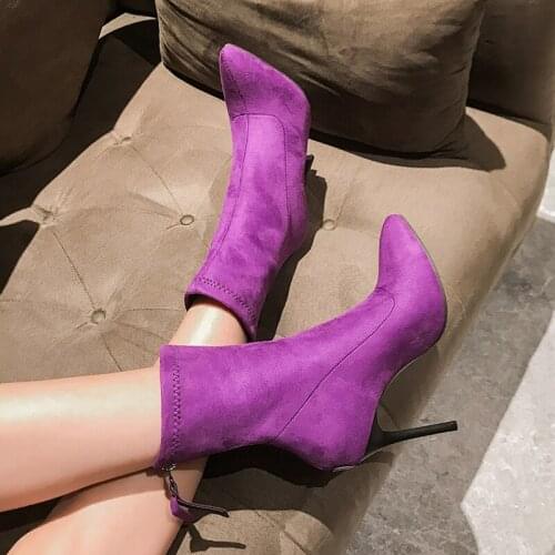 2021 Plus Size 35-48 Women Fetish Suede Boots Stiletto 10cm High Heels Purple Warm Plush Neon Short Ankle Booties Peach Shoes