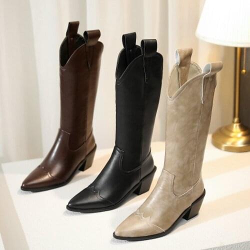 Womens Mid-Calf Boots Pure Color Thick Heel Boots Womens Autumn Winter Fashion Pointed Slip on Western Boots