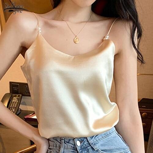 2021 Fashion Sexy Plus Size Vest Women Top Halter Basic Cami Sleeveless Satin Beaded Silk Tank Tops Women Summer Camisole 10147