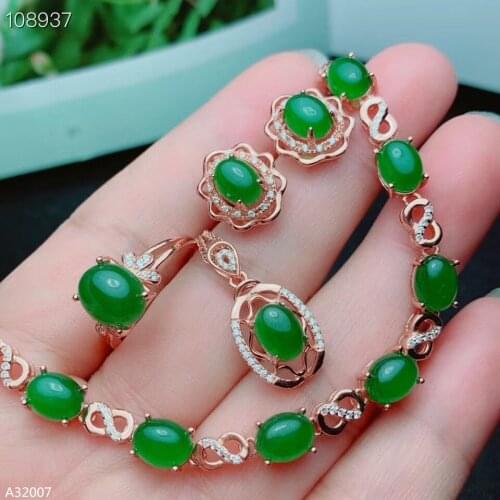 KJJEAXCMY 925 Sterling Silver Natural Hetian Biyu Girls Pendant Necklace Ring Bracelet Earrings 4 Piece Set Plant Leaf Luxury Su