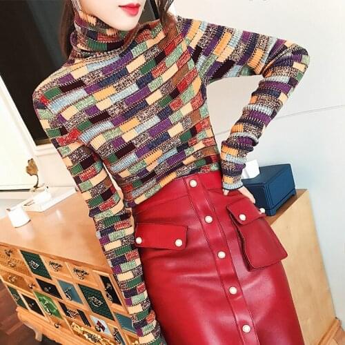 Chic Wool Blend Sweater Turtleneck Pullovers Patchwork 2018 Autumn Winter Fashion Women Colorful Knitted Long Sleeve Slim Jumper