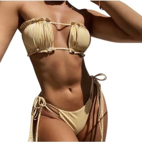 Women Tube Top Bikini + High Waist Shorts Sexy Hollow Adjustable Strap Beach Swimming Clothing