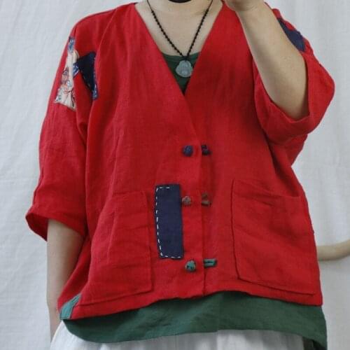 FairyNatural V-neck Plate Buckle Women Cardigan Shirts 2021 Autumn Spring Casual Ladies Cotton Linen Vintage Patchwork Tops