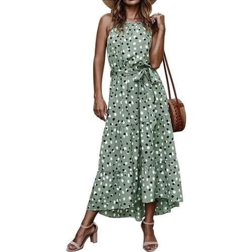 Ladies Boho Summer Women Dress Polka-dot Long Dess Women Foral Print Casual Holiday Sundress Women Beach Dress Female Vestidos