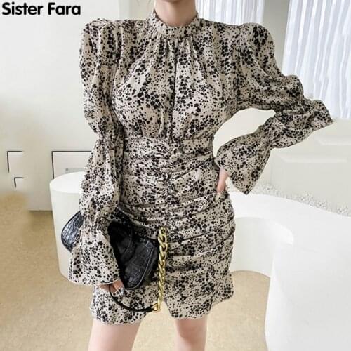Sister Fara Print Floral Ruched Summer Womens Dress 2021 Long Sleeve Fashion Zipper Mini Dress Spring Casual Womens Dresses