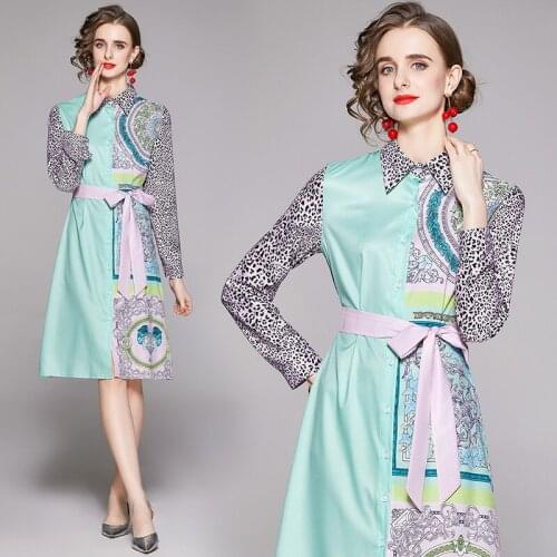 England Style Summer Design Leopard Print Patchwork Loose Slim Single Breasted Cardigan Belted Shirt Party Dress Puff Sleeve