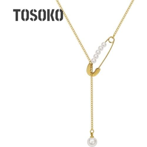 TOSOKO Stainless Steel Jewelry Imitation Pearl Tassel Pendant Necklace Womens Fashion Pin Clavicle Chain BSP1056