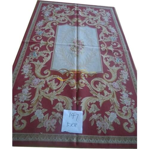 For living room hand woven wool carpet french aubusson rugs in 152CMX244CM 5'X 8' red 147gc147aubyg30