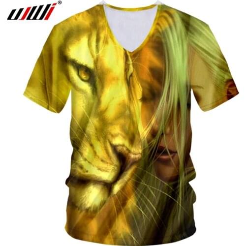 UJWI Tshirt Male New V-neck Short Sleeve 3D Printing Lion and silver hair beauty Oversized Clothing Men Spring Tee Shirt