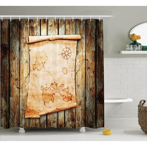 Island Map Shower Curtain Treasure Map on Rustic Timber X Marks The Spot of Gold Nautical Pirates Concept Bath Curtains