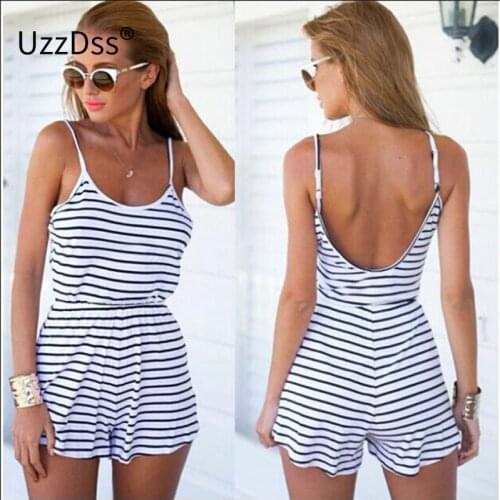 UZZDSS Summer Sexy Women Spaghetti Strap Backless Striped Print Casual Tunic Beach Jumpsuit Romper Overalls Macacao Feminino