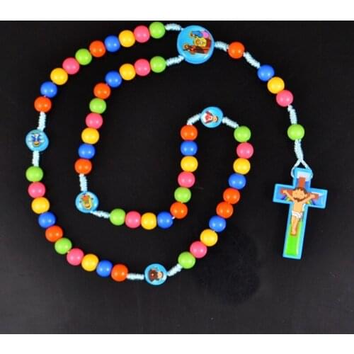 Cross,Cartoon Jesus Cross Pendant Necklace Rosary Beads Catholic Necklaces Children Kid Girls Fashion Religious Jewelry